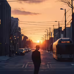the sun shines bright in the distance as the bus is coming down the street