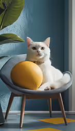 a white cat sits on a gray chair with a yellow ball