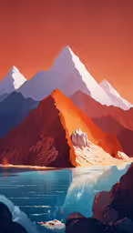 the mountains are covered in snow and a small lake is seen,a painting of mountains and the ocean during sunset