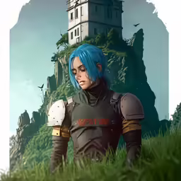 a digital painting of a man with blue hair