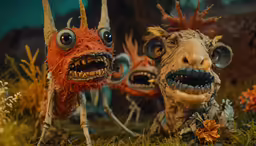 several strange looking animal heads, with their mouths open