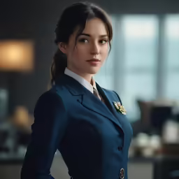 a female wearing a blue suit, white blouse, and black pants
