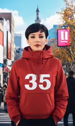 woman with short hair and red hoodie and black pants standing in the middle of a street
