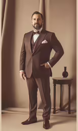 the man is posing for a photo in his brown suit