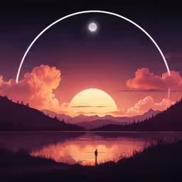 the man stands in front of a beautiful sunset on a lake,a person standing in the foreground looking out to sea under a very colorful sky