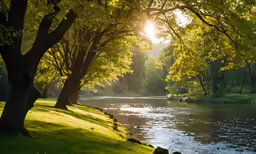 the sun shining through trees near a river