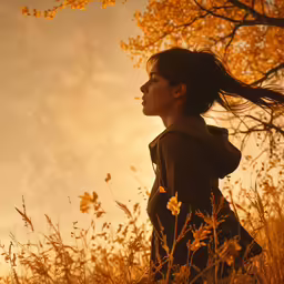 a woman is standing alone in the tall grass