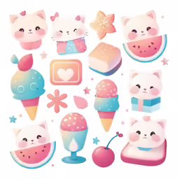 a variety of ice cream items with cat and stars on them
