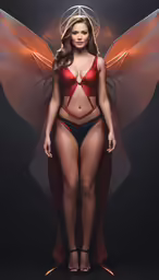 a model is in lingerie with wings on her body