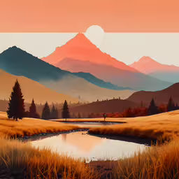 some grass water trees and a hill,painting of a mountain range with a creek in the foreground