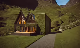 two modern homes in the mountains next to a paved pathway