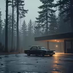 a car is parked outside an abandoned gas station