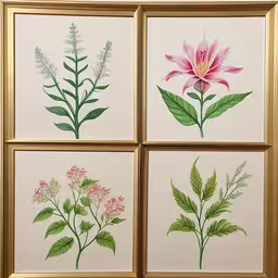 four framed pictures that have been arranged in different ways,four framed pictures of flowers and greenery in various designs