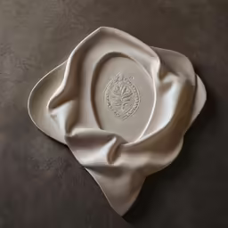 a decorative plate with a white cover sits on a brown table