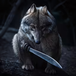 a wolf that is holding a knife in its paws