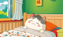 a gray and white cat sleeping on the bed