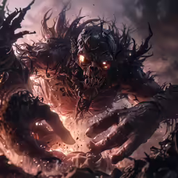 a demonic creature with eyes and long hair