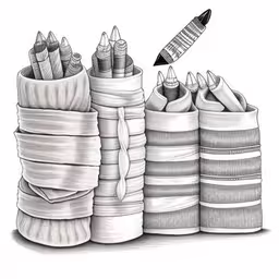 the image shows a stack of books with crayons,several different types of pens and pencils piled together