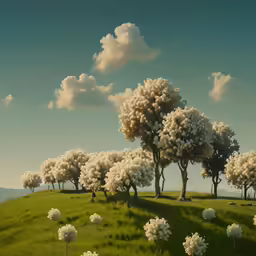 the trees in the green field are covered with large, white clouds