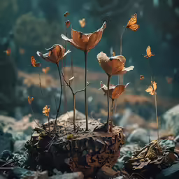some flowers are on top of some rocks and grass