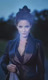a beautiful lady with a black suit and a handbag in her hand