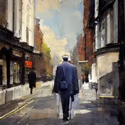an older man walking down a street past a building,a painting of a man walking down the street