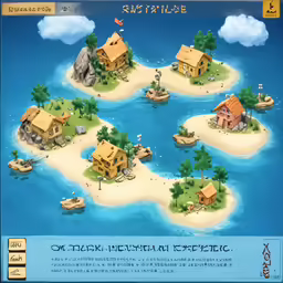 the poster for the game island escape, featuring small houses and small islands