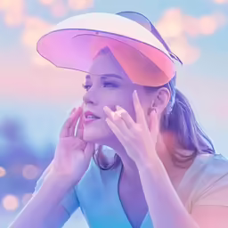 a woman wearing a pink hat and posing for a picture