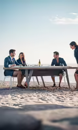 the man is standing at the table with four people