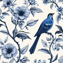 a bird sits on a branch in the floral background