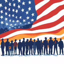 a painting shows people standing in front of an american flag