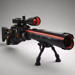 a red laser rifle mounted on a tripod