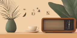 a table with a white cup and some plants