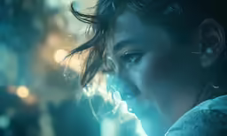 a close up of a person standing with hair blowing in the wind