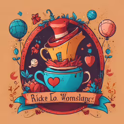a logo of some sort featuring a top hat and a lot of tea,a blue bowl filled with lots of tasty looking items