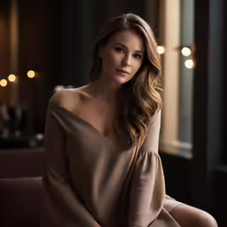 a woman in a brown dress sitting on a couch
