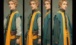 the four different angles of the photo show a woman in dress