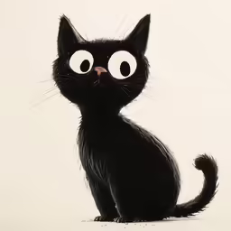 the black cat has googly eyes and is sitting