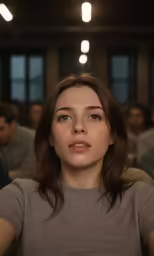 a woman with dark brown hair looking up