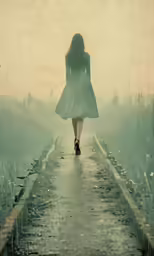 a woman walks down a path with an umbrella