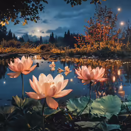 pink lotus flowers near the water at night
