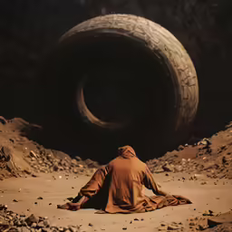 a man sitting on a hill under an old tire