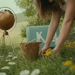 woman picking up an object in the grass near her umbrella
