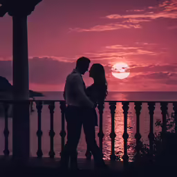 a man and woman standing at the balcony watching the sunset