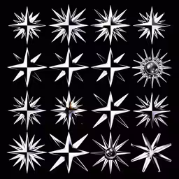 several types of stars on black background,an array of different shapes and sizes of starbursts