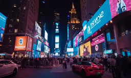 busy city with cars and pedestrians near large building lights at night