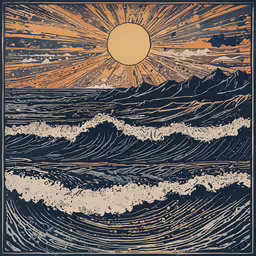 an image of the sun over the ocean,the sun rises over an ocean scene with waves