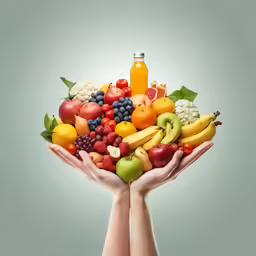 two hands holding out a basket of fruit and an apple