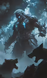 a man holding onto a sword in a forest with wolf dogs