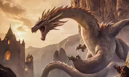 two dragon attacking on another one outside a castle